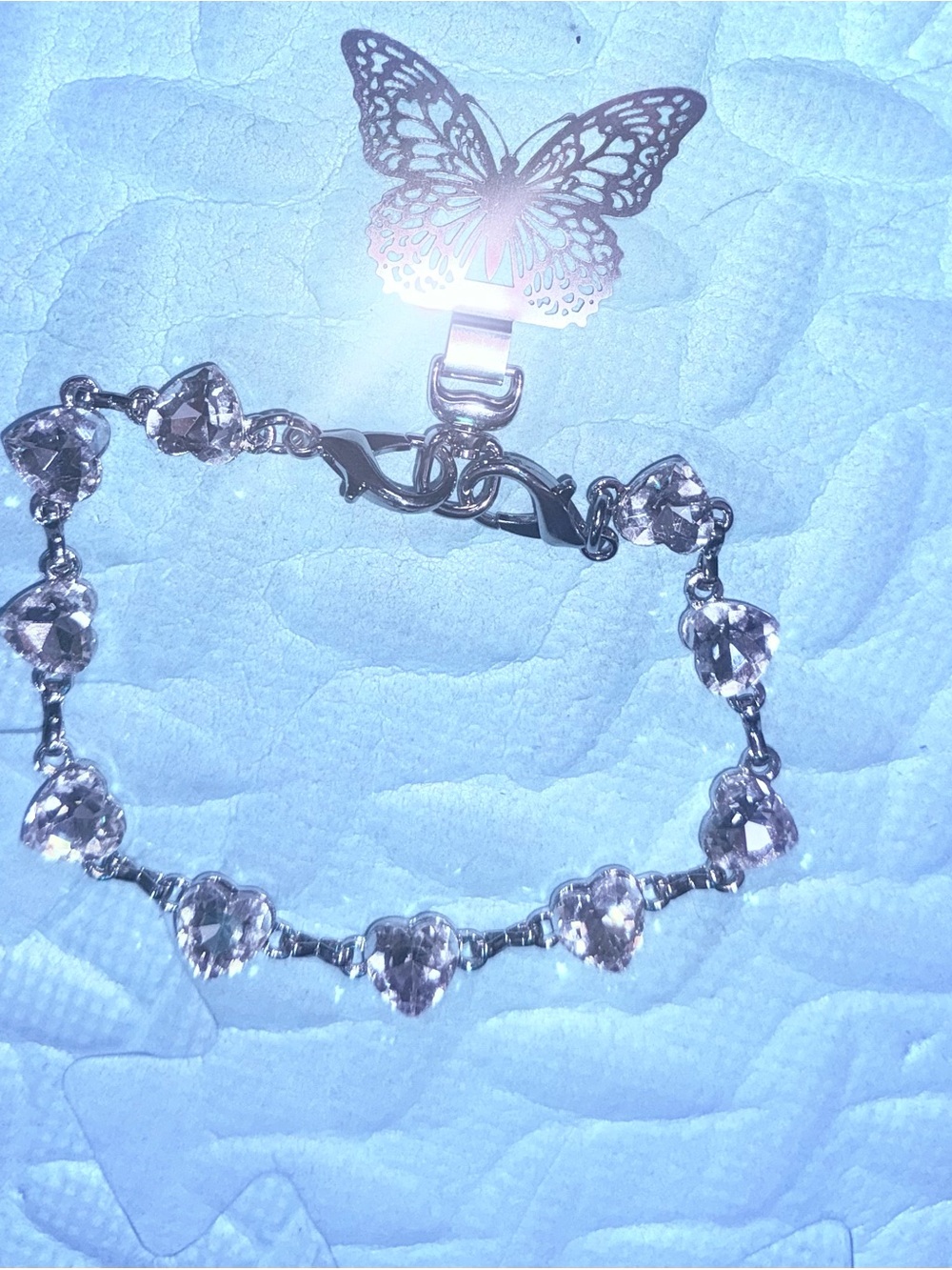 Solver Phone Heart Crystal Bracelet. With 360 butterfly inserts.